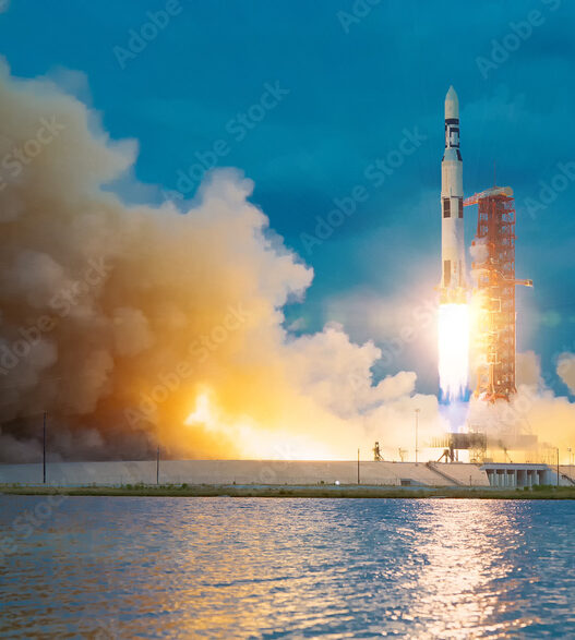 Rocket takes off into the sky. Lots of smoke and gas. The elements of this image furnished by NASA.