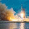 Rocket takes off into the sky. Lots of smoke and gas. The elements of this image furnished by NASA.