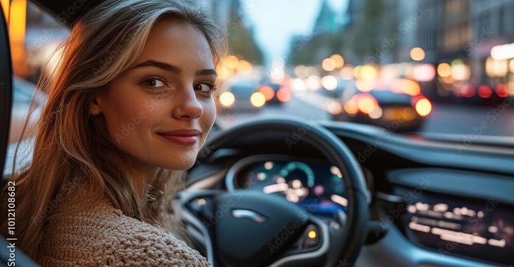 Woman Traveling By Self Driving Car, Generative AI