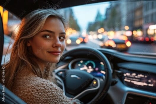 Woman Traveling By Self Driving Car, Generative AI