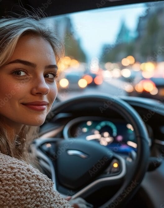 Woman Traveling By Self Driving Car, Generative AI